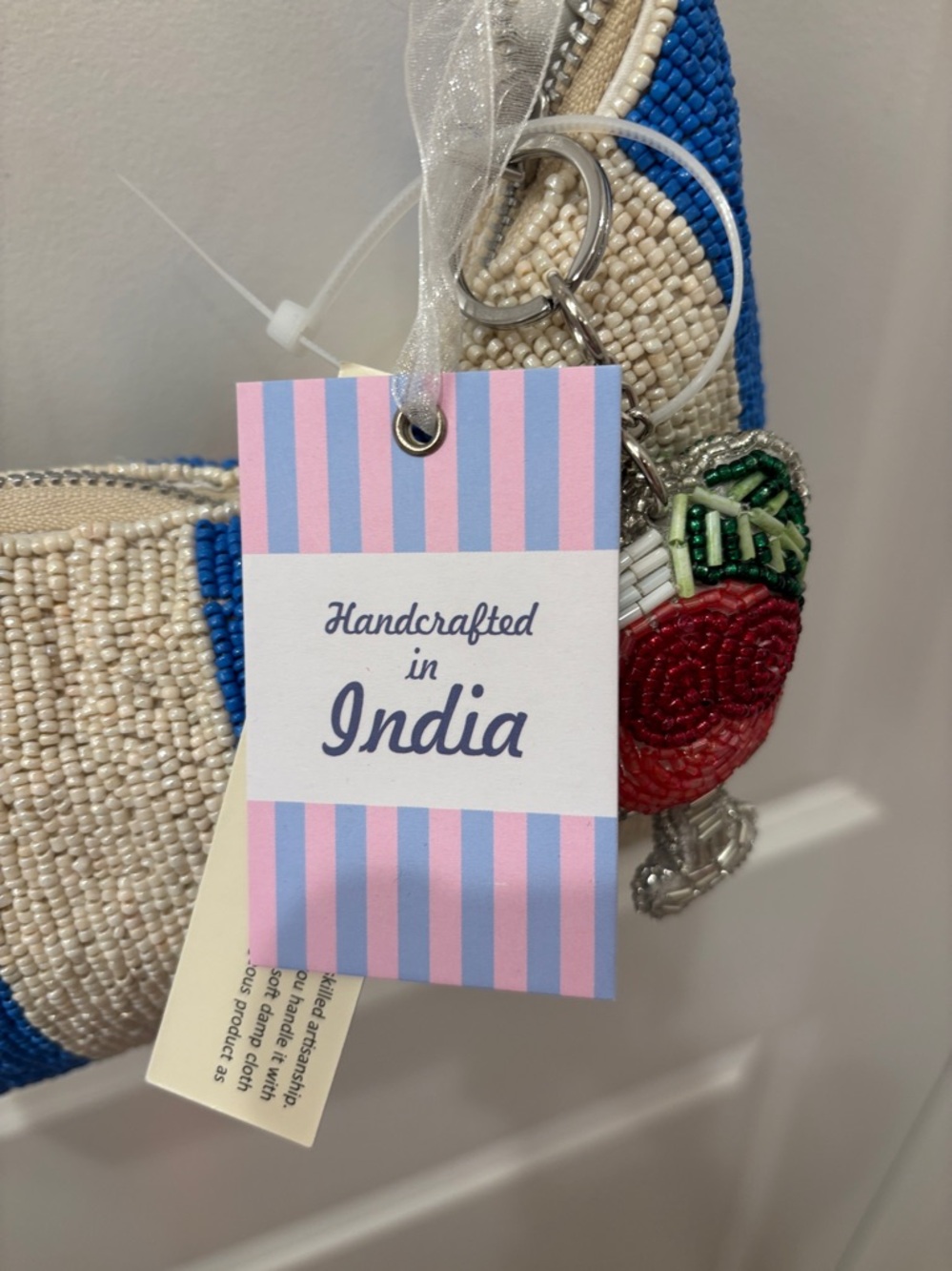 NWT Beaded Blue & Cream Striped Cocktail Motif Shoulder Bag w/ charm/Keychain - Picture 7 of 8